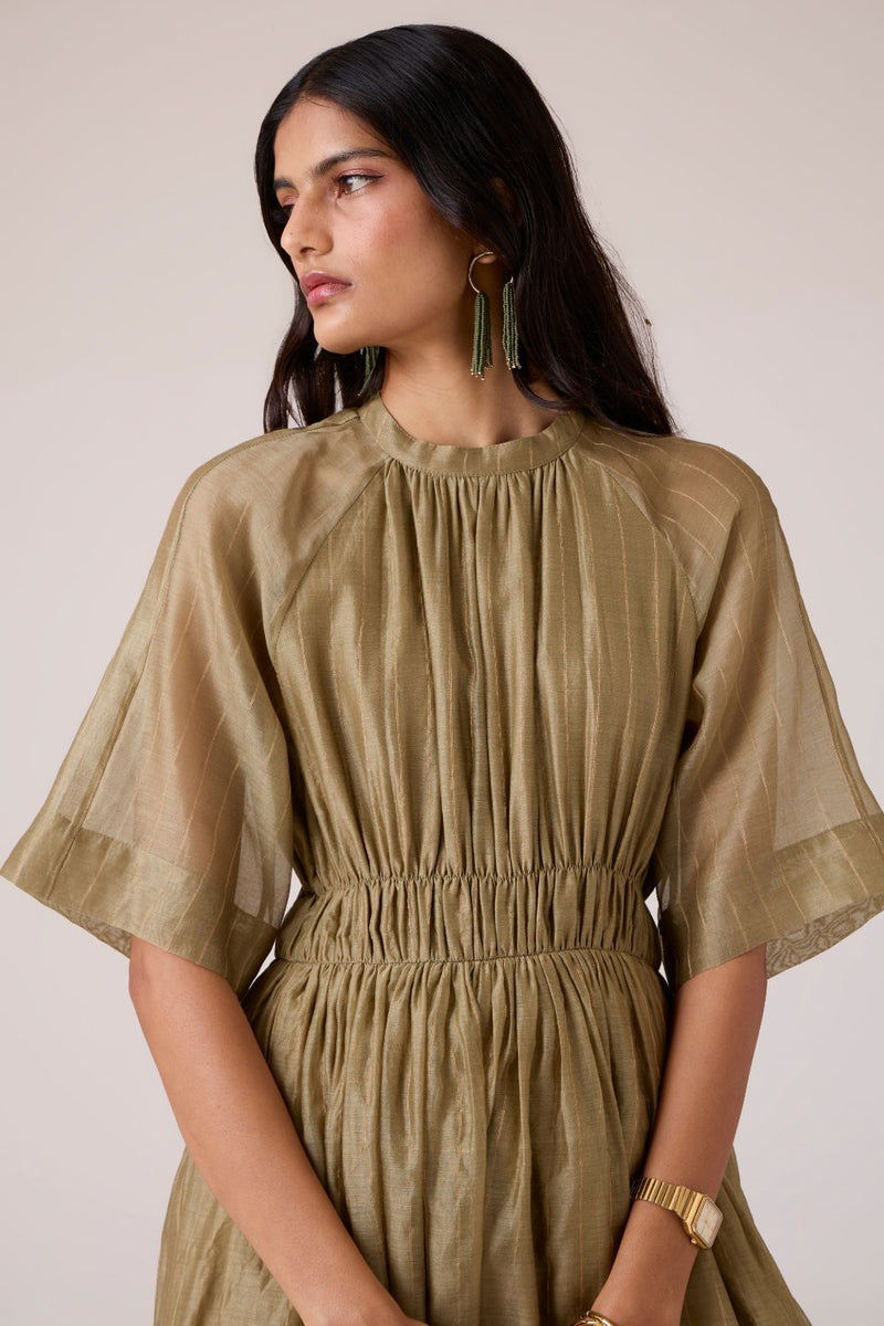 Arha Olive Handwoven Dress chanderi by The Summer House in olive color for women in Singapore