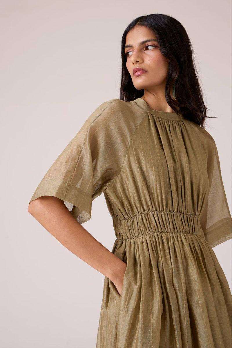 Arha Olive Handwoven Dress chanderi by The Summer House in olive color for women in Singapore