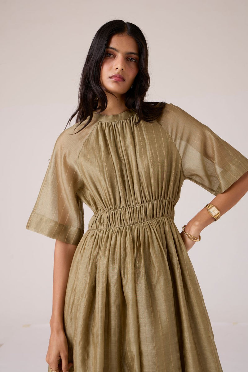 Arha Olive Handwoven Dress chanderi by The Summer House in olive color for women in Singapore