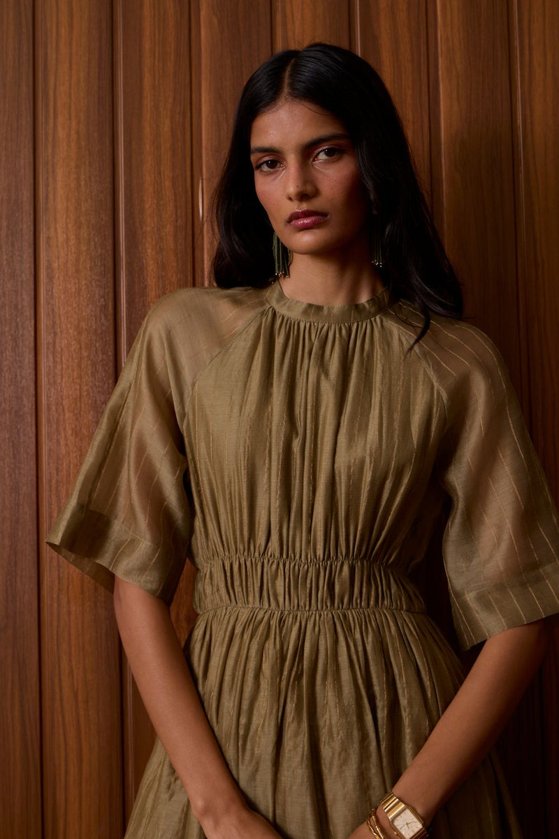 Arha Olive Handwoven Dress chanderi by The Summer House in olive color for women in Singapore