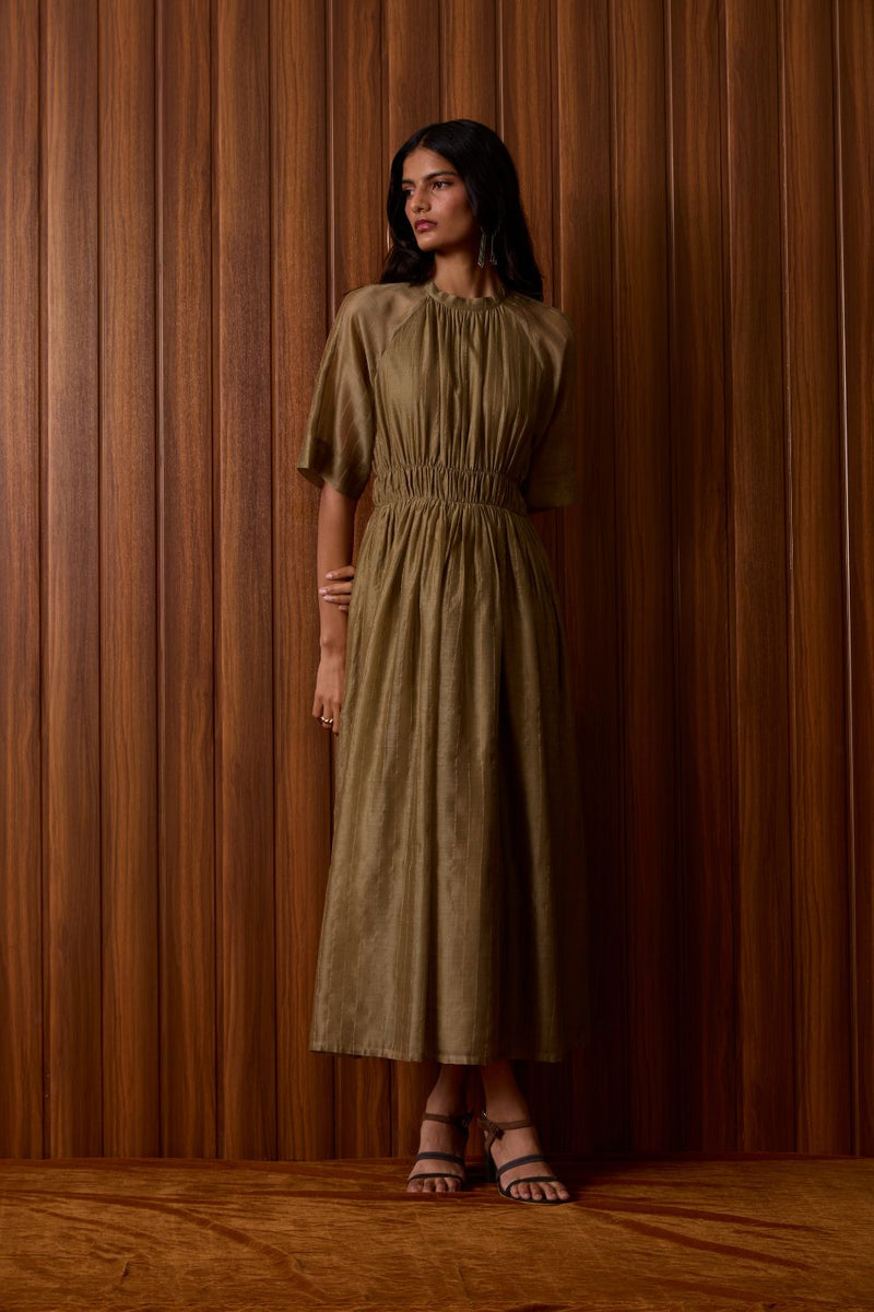 Arha Olive Handwoven Dress chanderi by The Summer House in olive color for women in Singapore