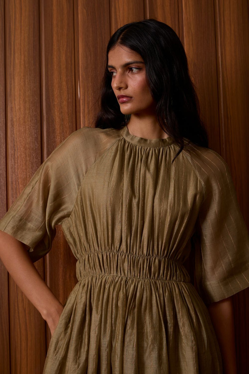 Arha Olive Handwoven Dress chanderi by The Summer House in olive color for women in Singapore
