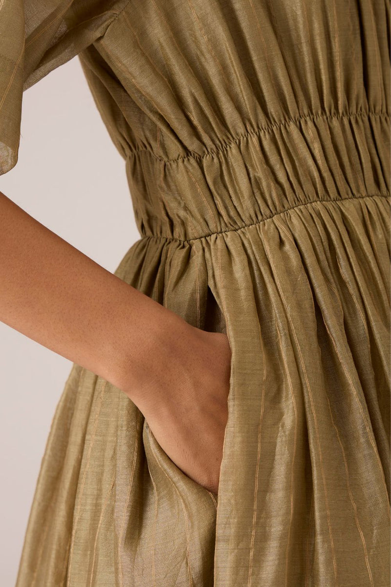 Arha Olive Handwoven Dress chanderi by The Summer House in olive color for women in Singapore