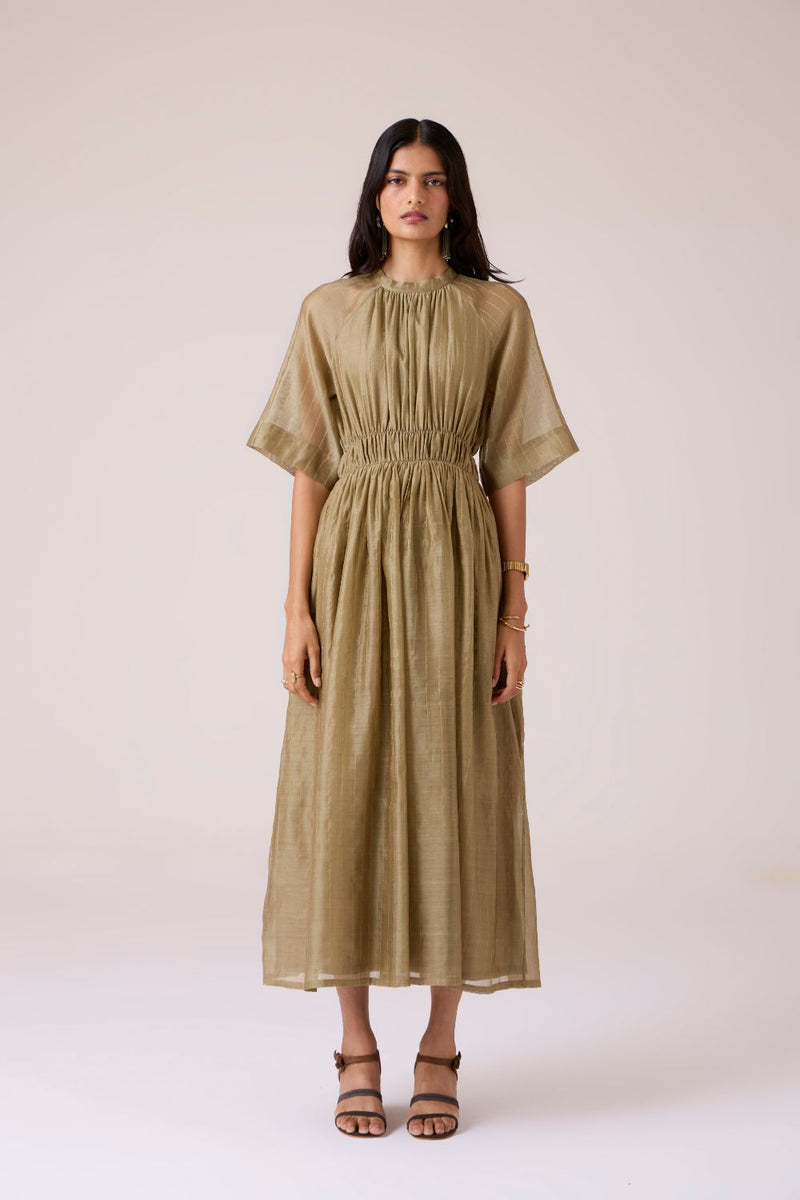 Arha Olive Handwoven Dress chanderi by The Summer House in olive color for women in Singapore