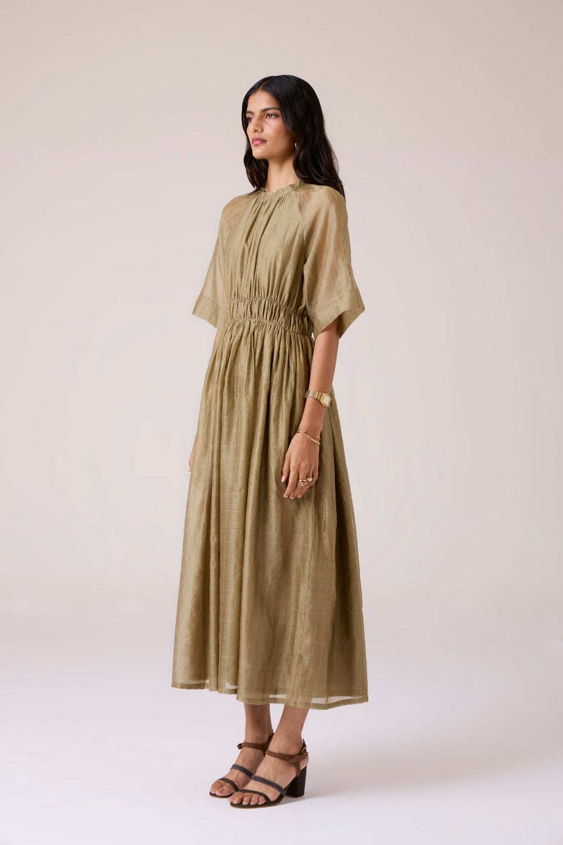 Arha Olive Handwoven Dress chanderi by The Summer House in olive color for women in Singapore