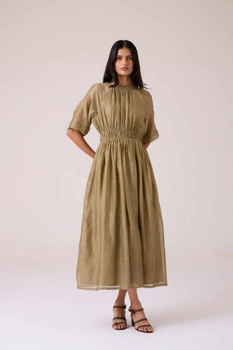 Arha Olive Handwoven Dress chanderi by The Summer House in olive color for women in Singapore