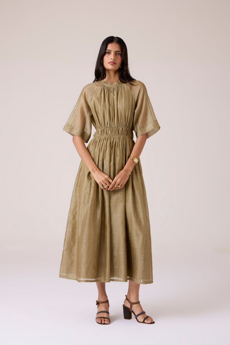 Arha Olive Handwoven Dress chanderi by The Summer House in olive color for women in Singapore