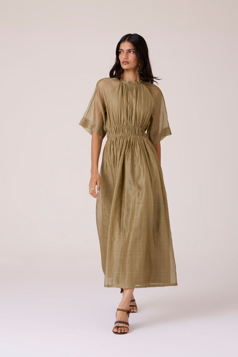 Arha Olive Handwoven Dress chanderi by The Summer House in olive color for women in Singapore