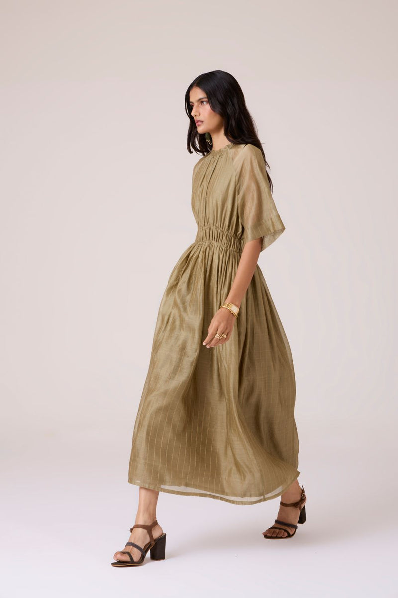 Arha Olive Handwoven Dress chanderi by The Summer House in olive color for women in Singapore