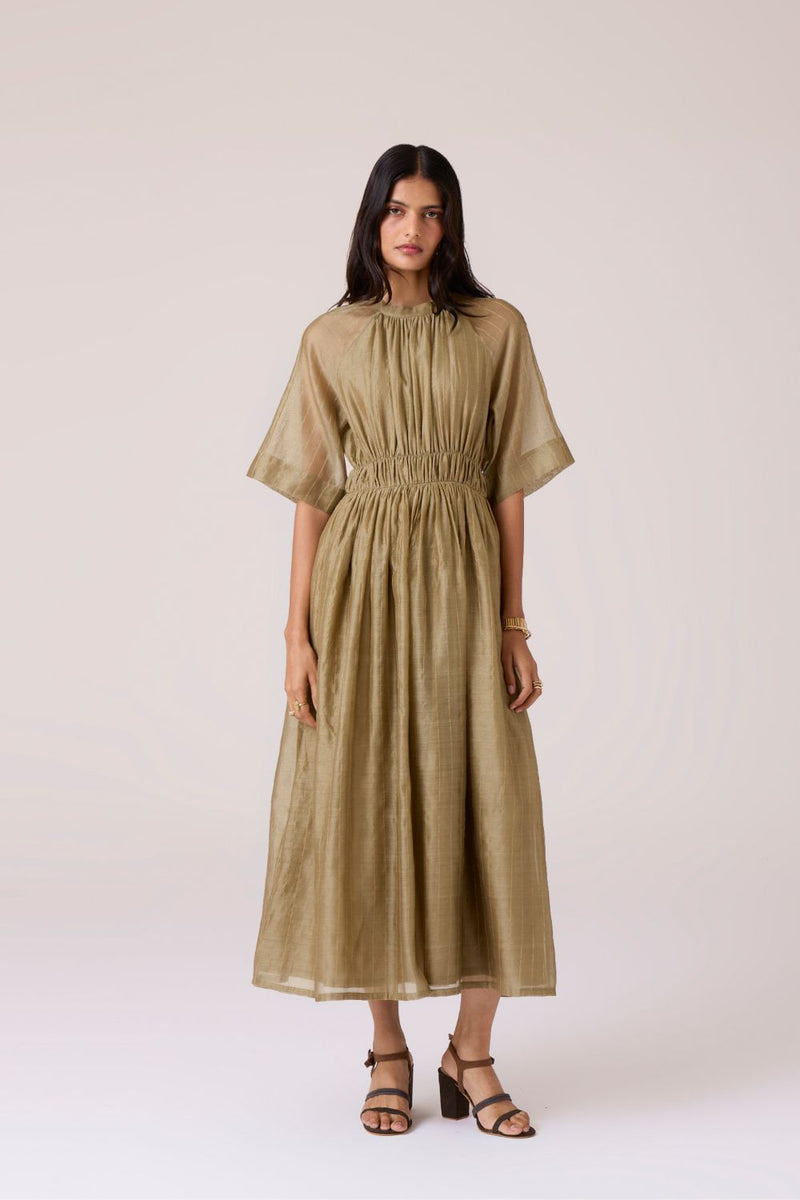 Arha Olive Handwoven Dress chanderi by The Summer House in olive color for women in Singapore