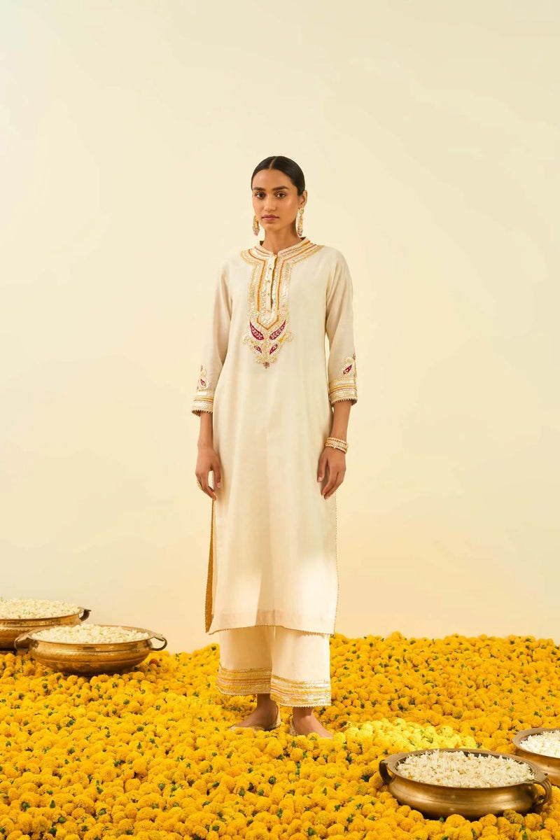Arisah Kurta with palazzo-Daisy Ivory silk by SHEETAL BATRA in ivory color for women in Singapore