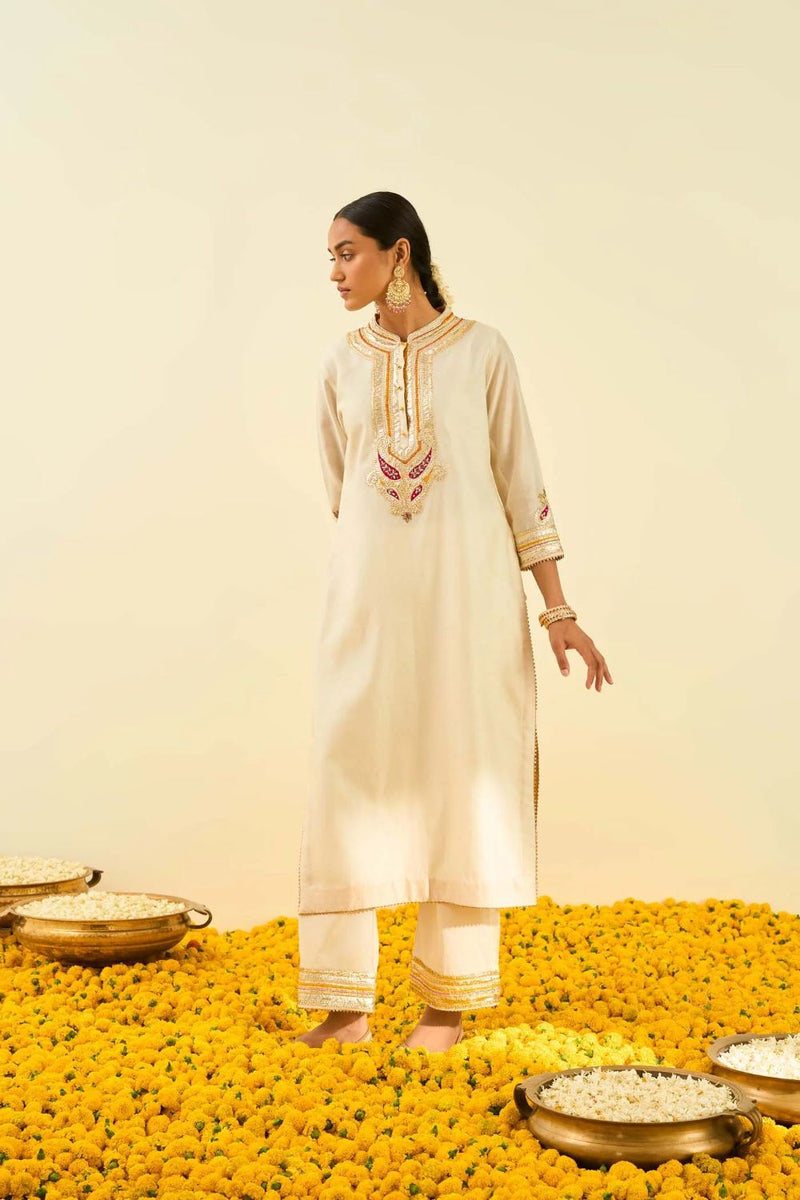 Arisah Kurta with palazzo-Daisy Ivory silk by SHEETAL BATRA in ivory color for women in Singapore