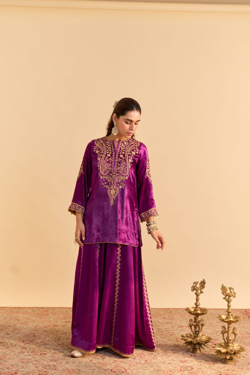 Aroob - Deep Purple Kurta with Sharara and Dupatta silk by SHEETAL BATRA in purple color for women in Singapore