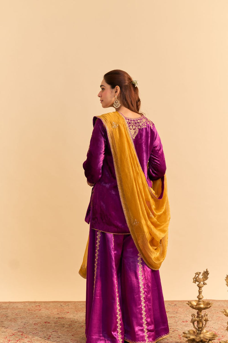 Aroob - Deep Purple Kurta with Sharara and Dupatta silk by SHEETAL BATRA in purple color for women in Singapore