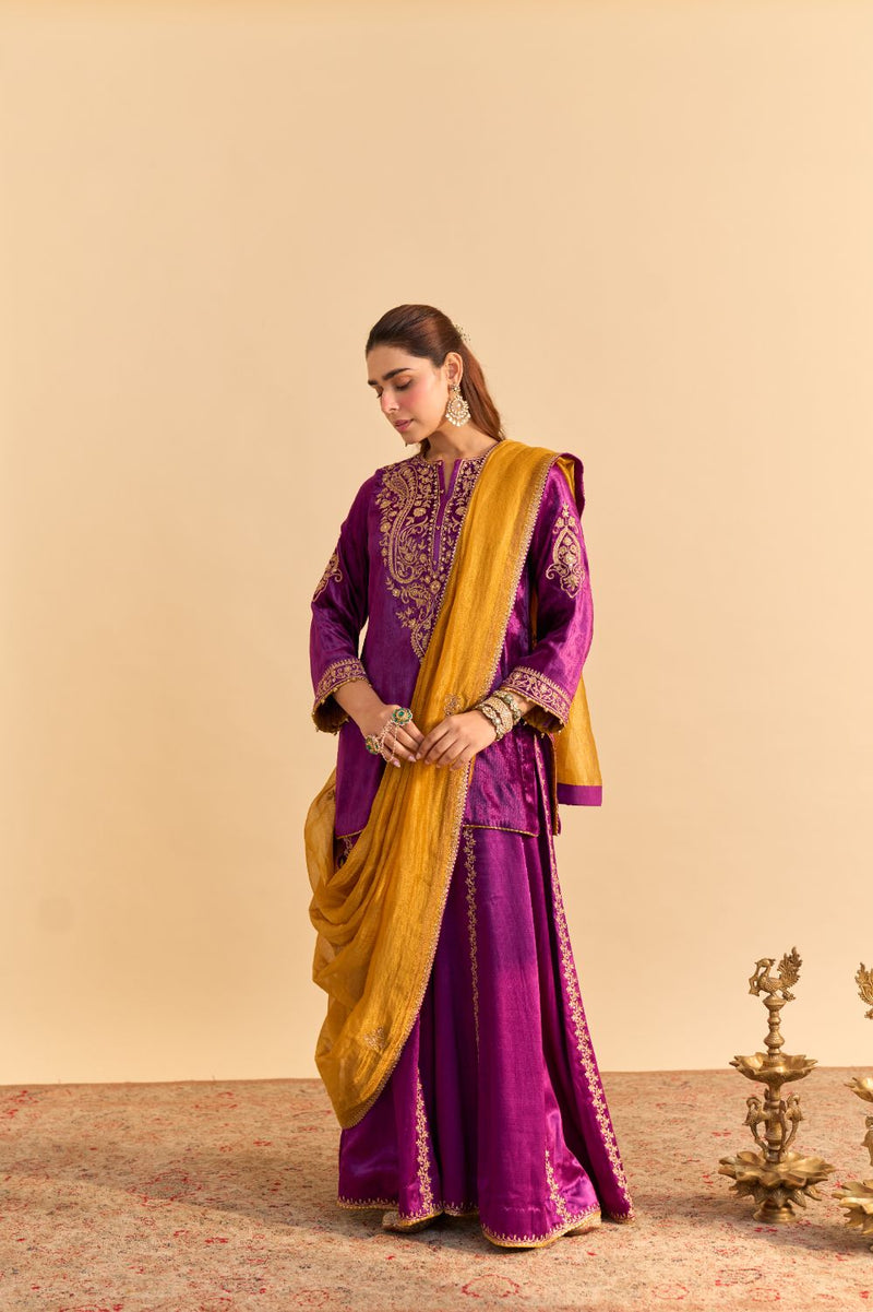 Aroob - Deep Purple Kurta with Sharara and Dupatta silk by SHEETAL BATRA in purple color for women in Singapore