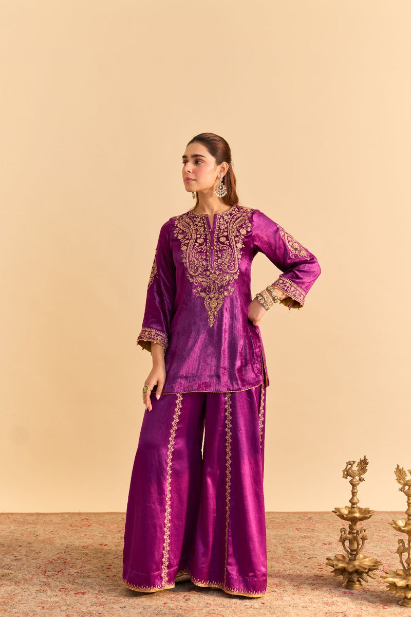 Aroob - Deep Purple Kurta with Sharara and Dupatta silk by SHEETAL BATRA in purple color for women in Singapore
