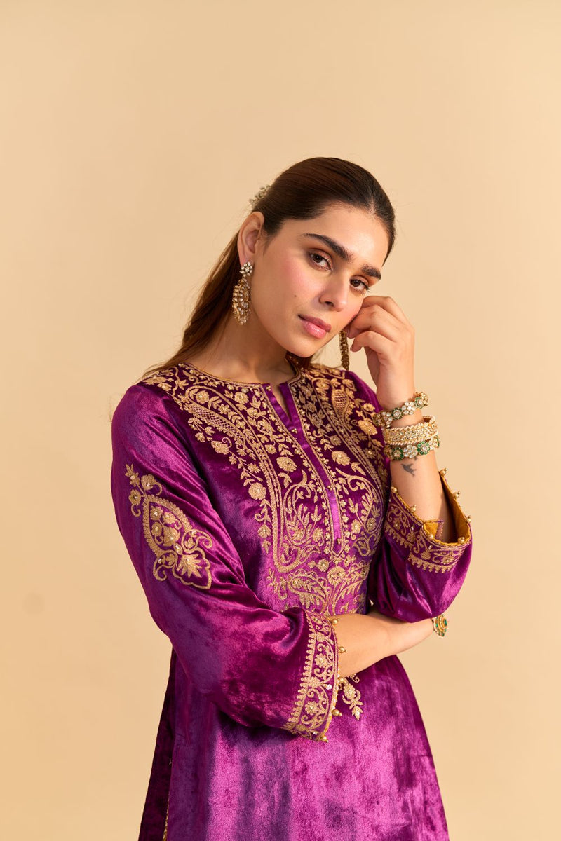 Aroob - Deep Purple Kurta with Sharara and Dupatta silk by SHEETAL BATRA in purple color for women in Singapore