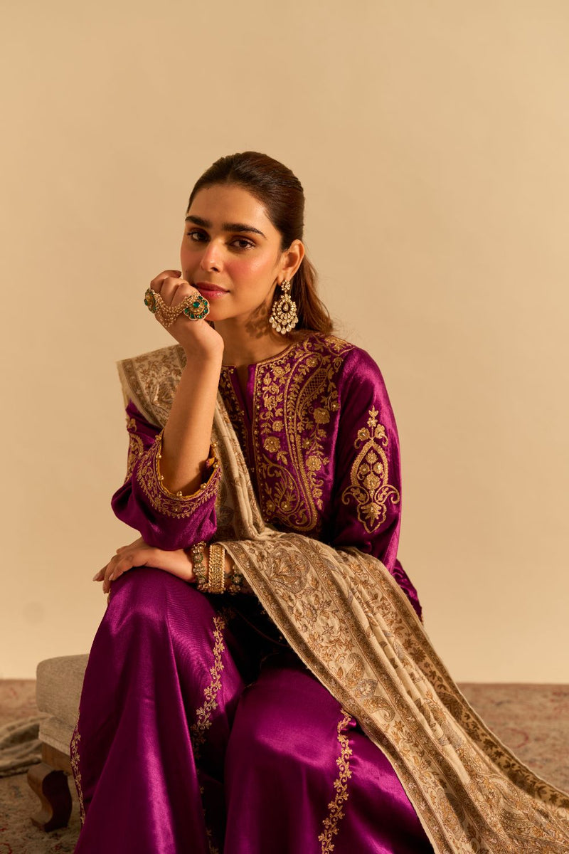 Aroob - Deep Purple Kurta with Sharara and Dupatta silk by SHEETAL BATRA in purple color for women in Singapore