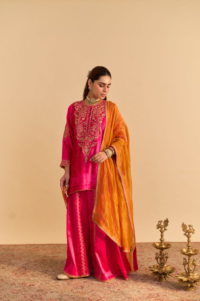 Aroob - Hotpink Kurta with Sharara and Dupatta silk by SHEETAL BATRA in pink color for women in Singapore