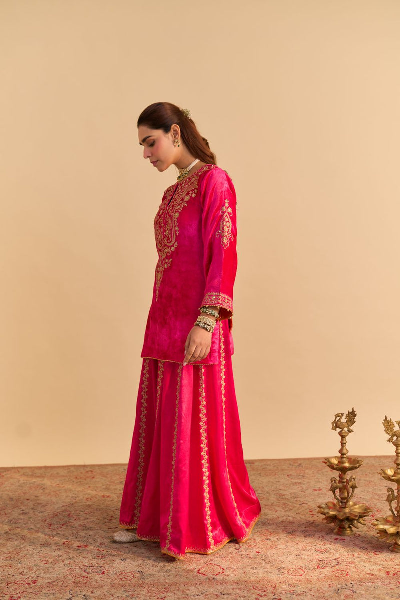 Aroob - Hotpink Kurta with Sharara and Dupatta silk by SHEETAL BATRA in pink color for women in Singapore