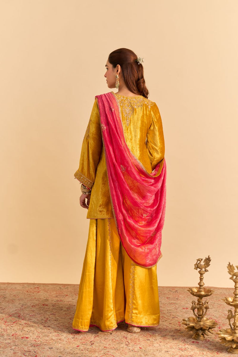 Aroob - Mustard Kurta with Sharara and Dupatta silk by SHEETAL BATRA in mustard color for women in Singapore