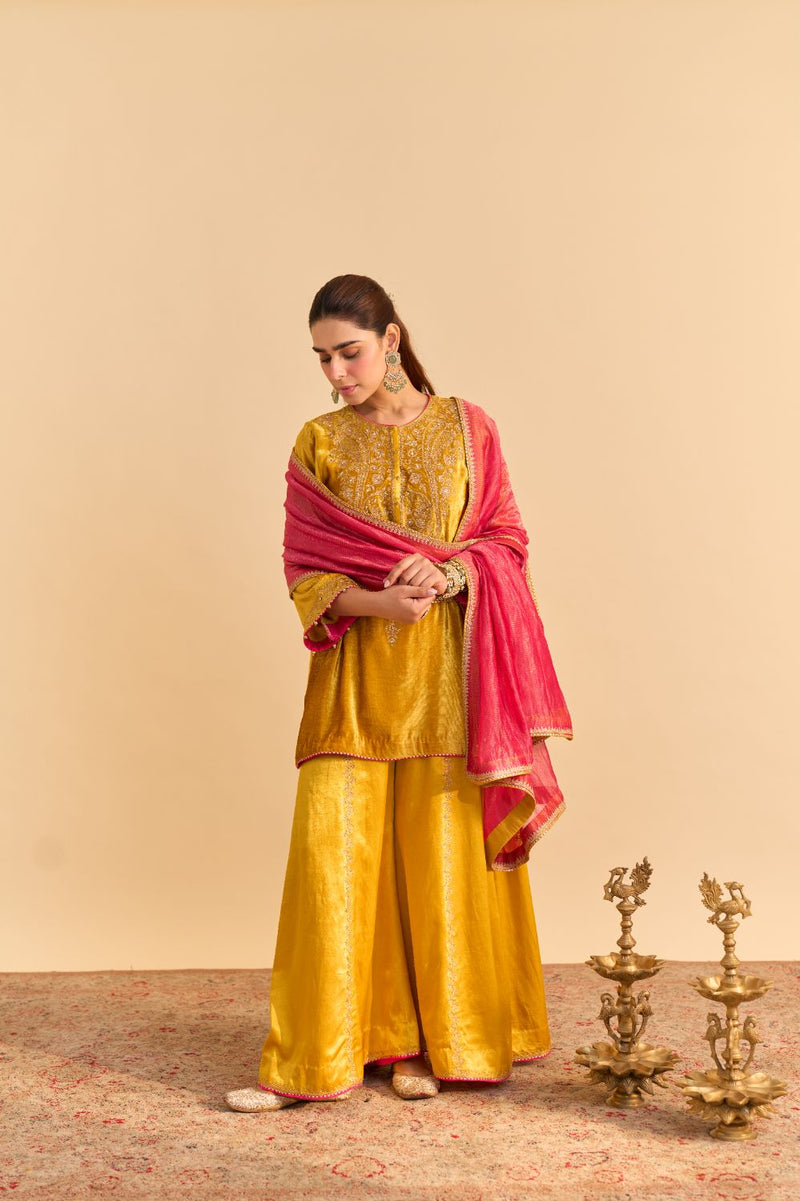 Aroob - Mustard Kurta with Sharara and Dupatta silk by SHEETAL BATRA in mustard color for women in Singapore