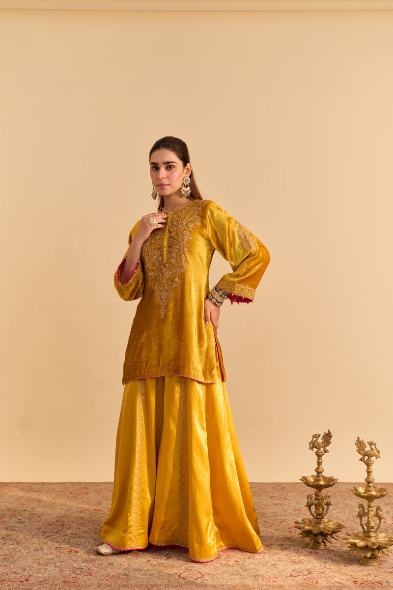 Aroob - Mustard Kurta with Sharara and Dupatta silk by SHEETAL BATRA in mustard color for women in Singapore