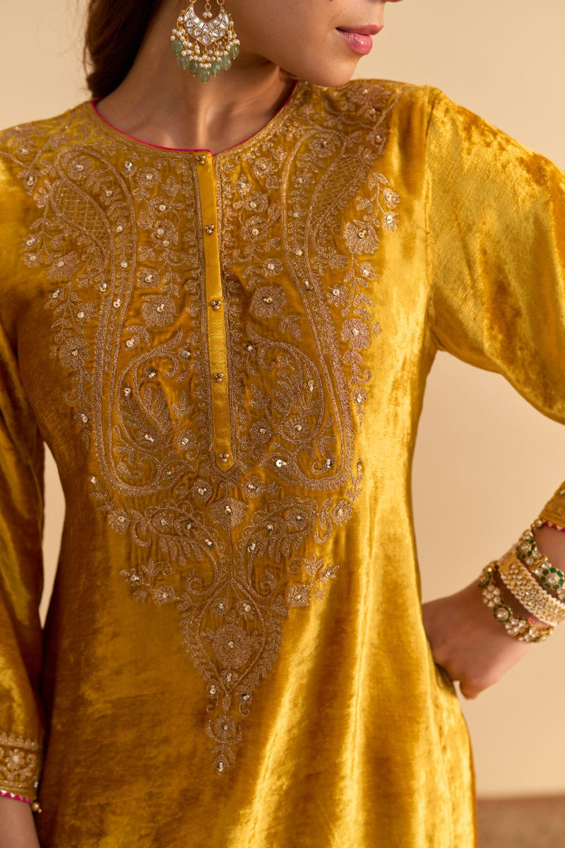 Aroob - Mustard Kurta with Sharara and Dupatta silk by SHEETAL BATRA in mustard color for women in Singapore