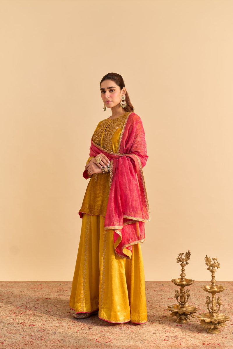 Aroob - Mustard Kurta with Sharara and Dupatta silk by SHEETAL BATRA in mustard color for women in Singapore