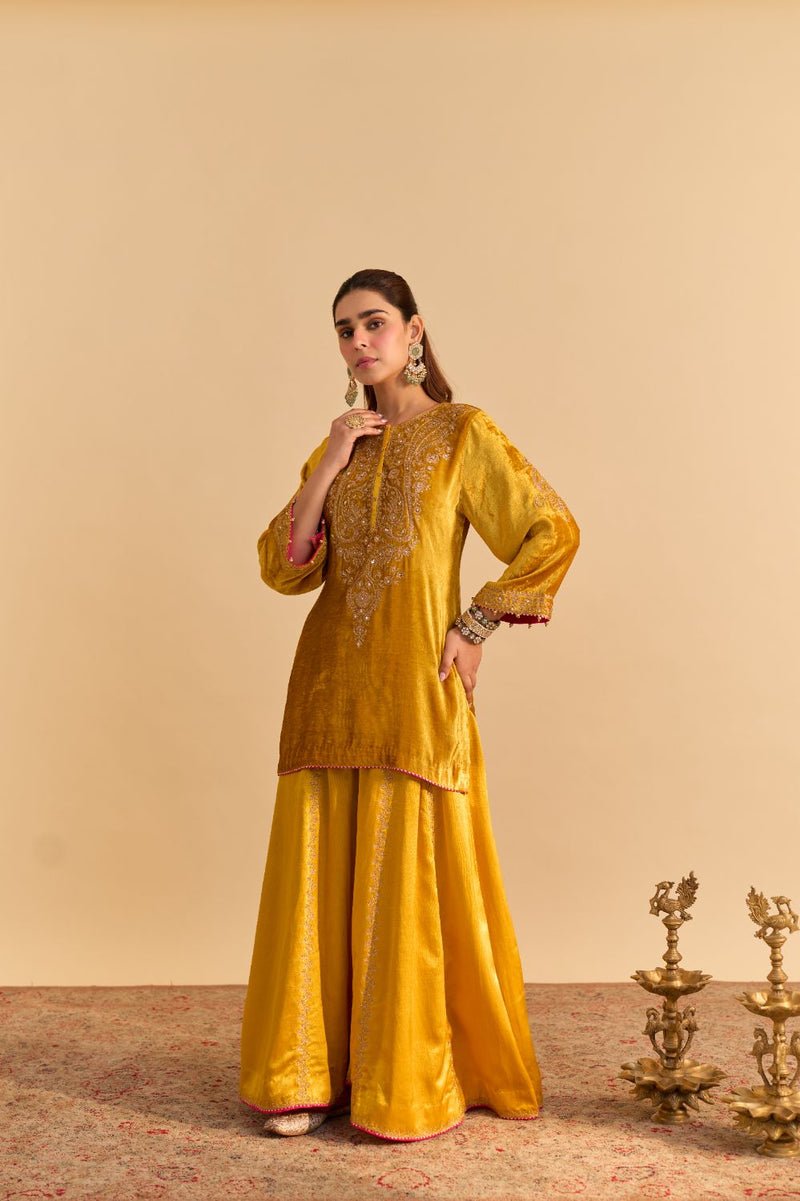 Aroob - Mustard Kurta with Sharara and Dupatta silk by SHEETAL BATRA in mustard color for women in Singapore