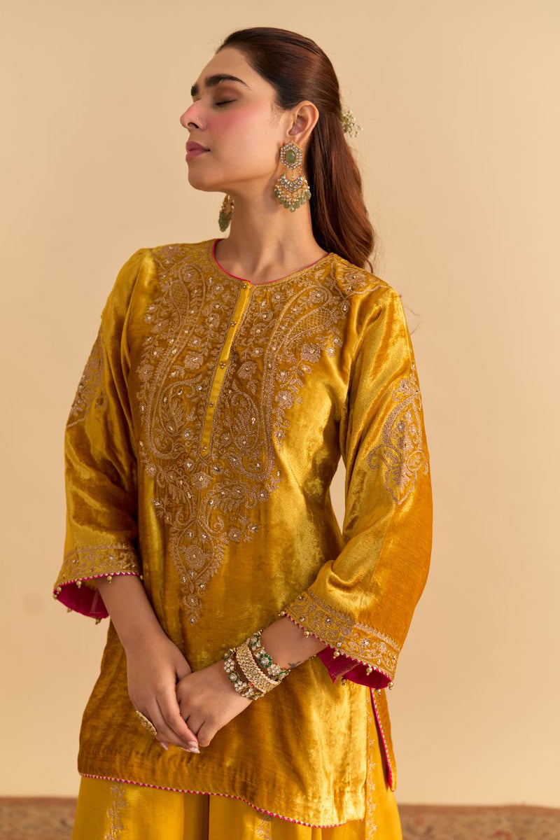 Aroob - Mustard Kurta with Sharara and Dupatta silk by SHEETAL BATRA in mustard color for women in Singapore