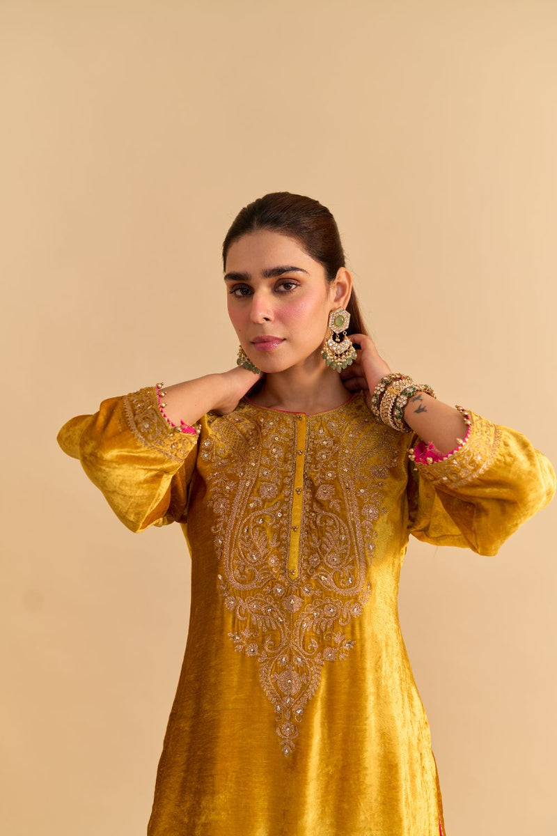 Aroob - Mustard Kurta with Sharara and Dupatta silk by SHEETAL BATRA in mustard color for women in Singapore