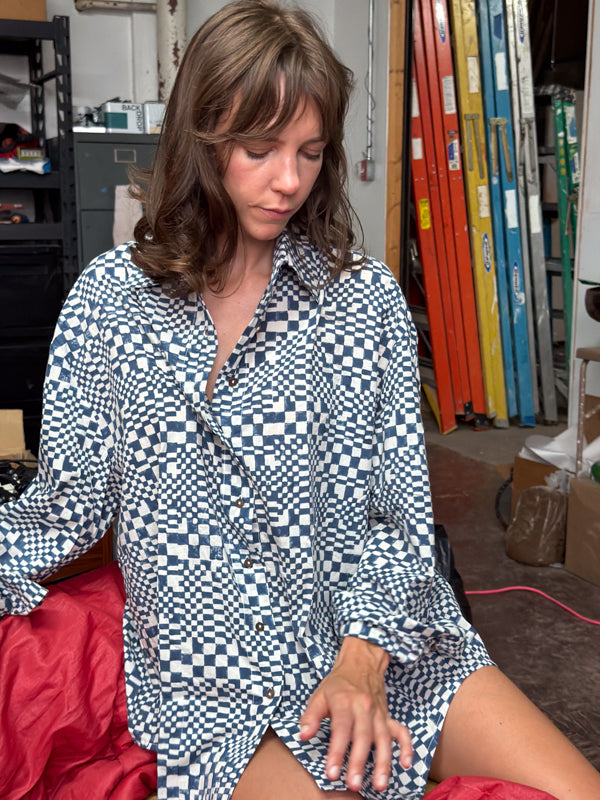 Artist Shirt–Indigo Checkerboard hand block printed cotton top/shirt by World of Crow in indigo blue for women in Singapore