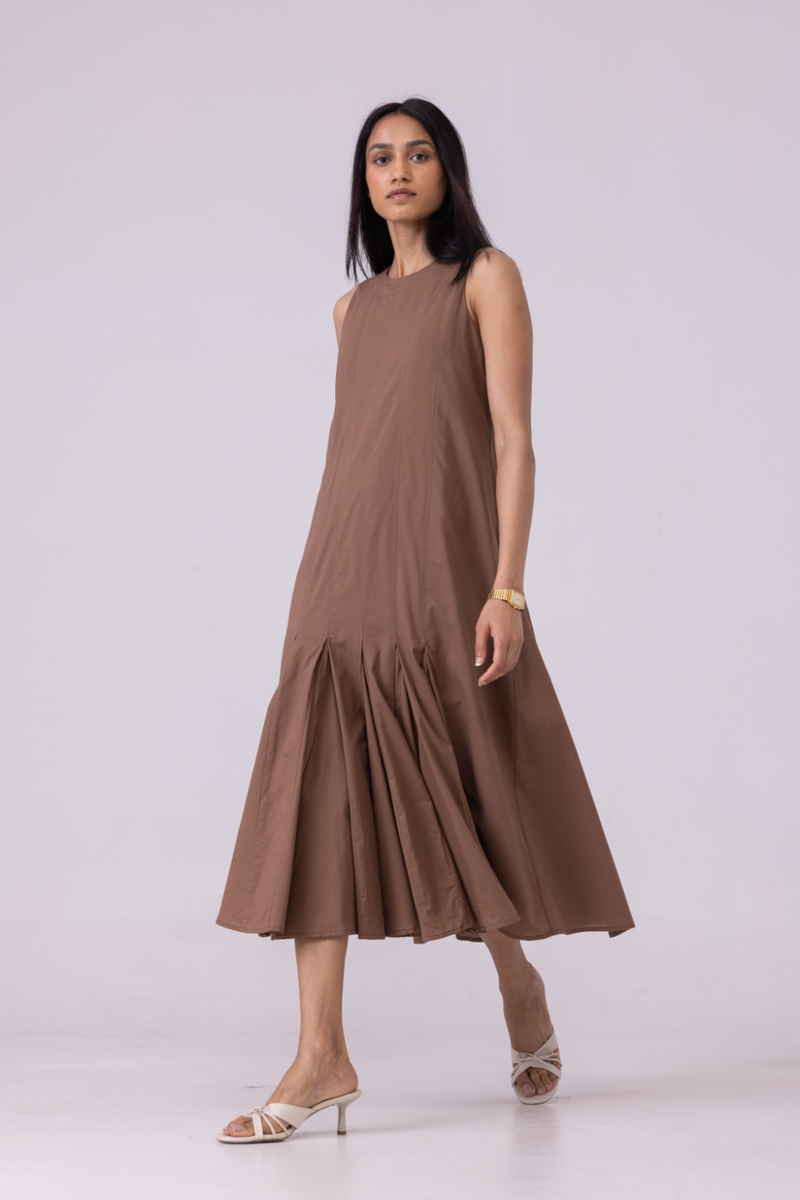 Arwen Brown Pleated Midi Dress cotton by The Summer House for women in Singapore
