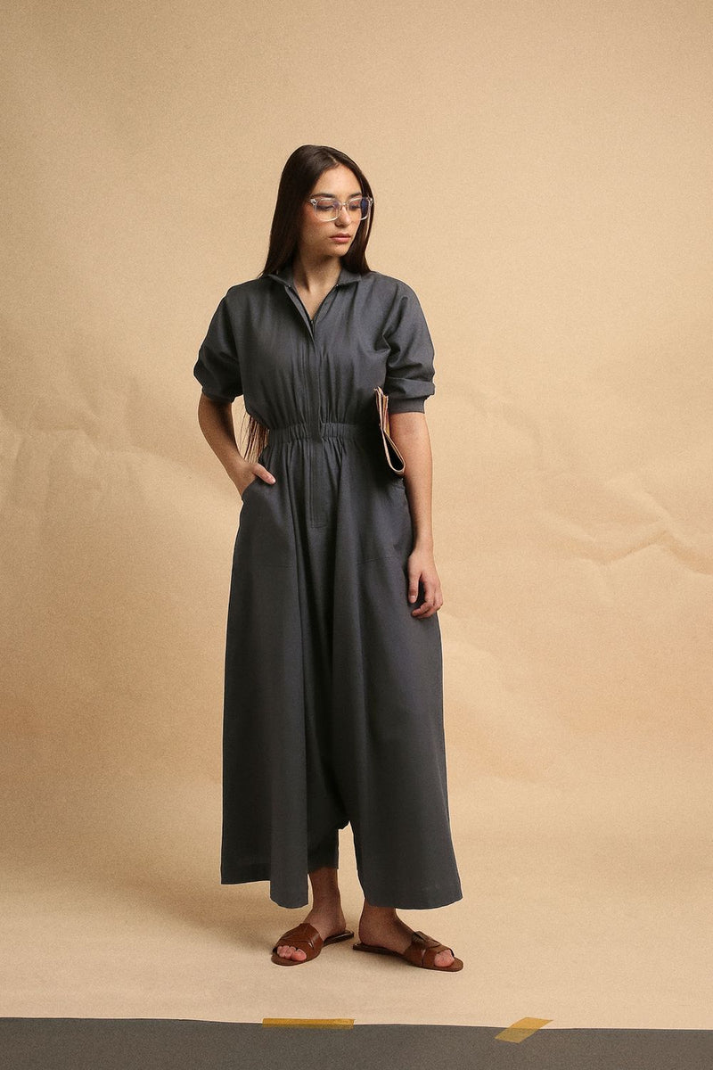 Ash Gray Collar Sphara Jumpsuit 100% cotton by Mati in grey color for women in Singapore