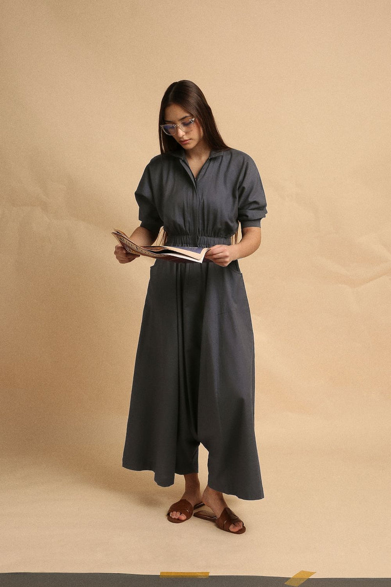 Ash Gray Collar Sphara Jumpsuit 100% cotton by Mati in grey color for women in Singapore