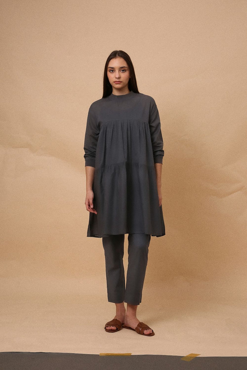 Ash Gray Mul Rib Vena Co-Ord Set (2 PCS) 100% cotton by Mati in grey color for women in Singapore