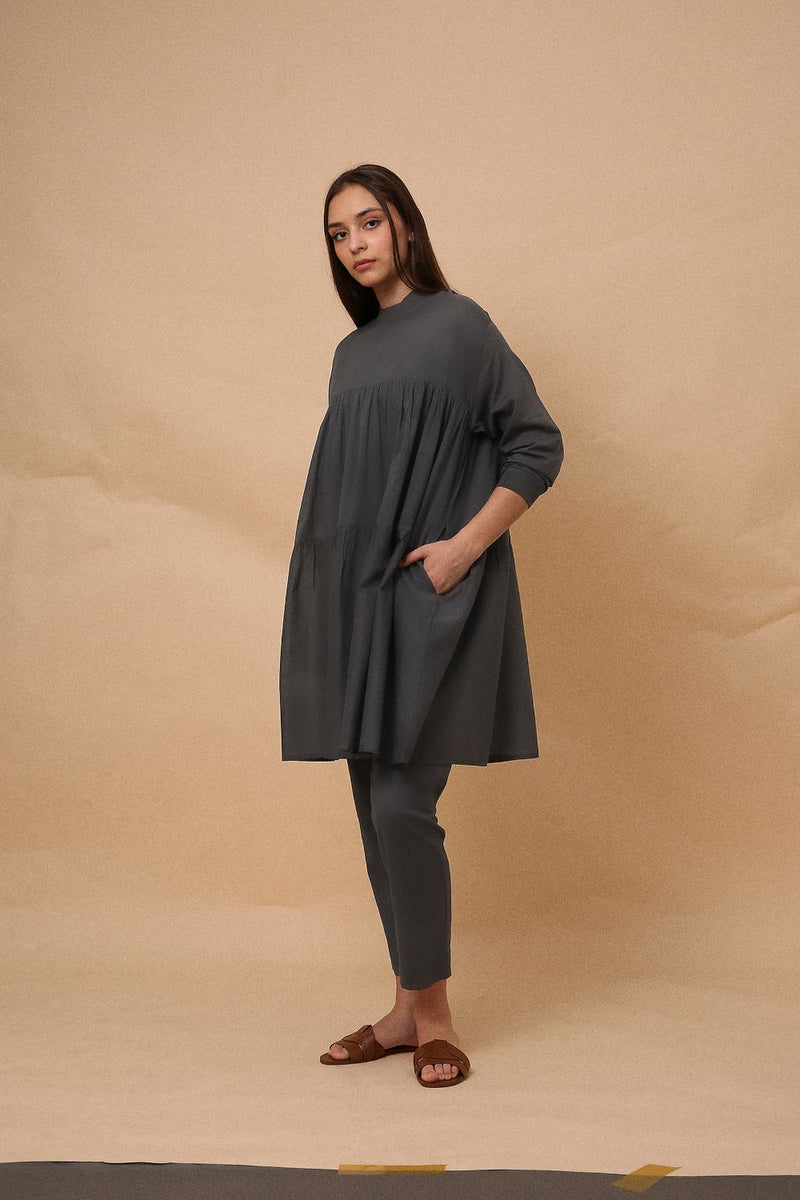 Ash Gray Mul Rib Vena Co-Ord Set (2 PCS) 100% cotton by Mati in grey color for women in Singapore