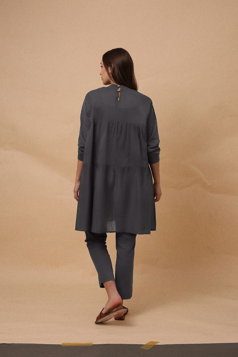 Ash Gray Mul Rib Vena Co-Ord Set (2 PCS) 100% cotton by Mati in grey color for women in Singapore