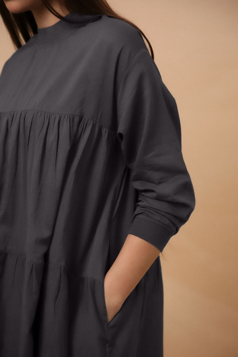 Ash Gray Mul Rib Vena Co-Ord Set (2 PCS) 100% cotton by Mati in grey color for women in Singapore