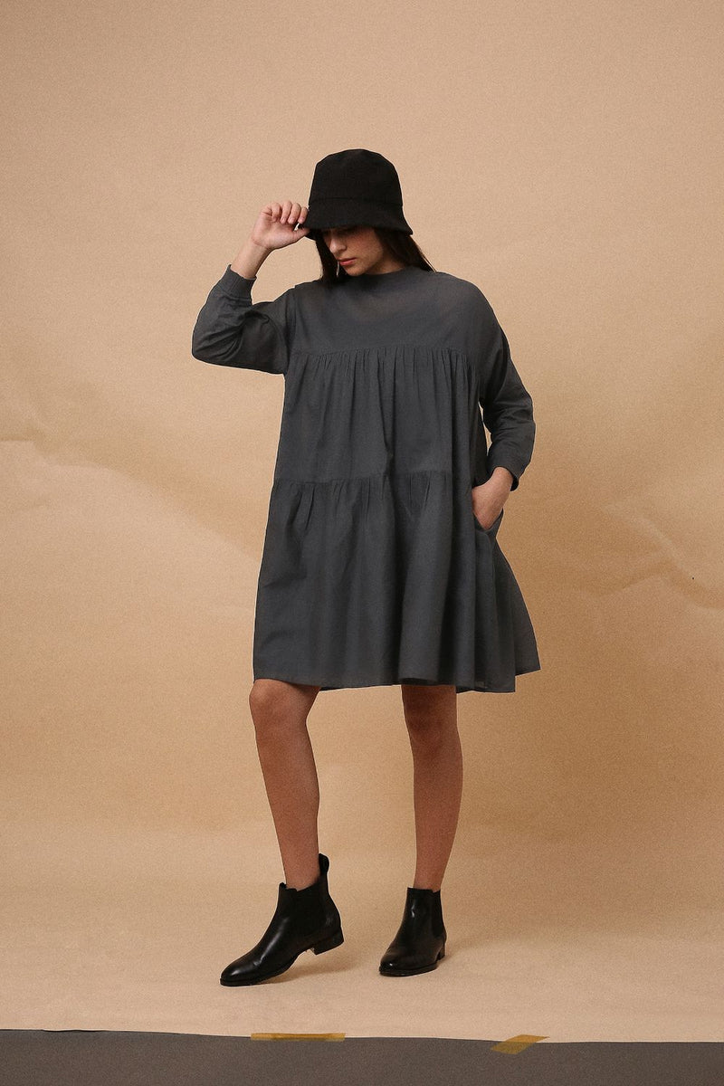Ash Gray Mul Rib Vena Dress 100% cotton by Mati in grey color for women in Singapore