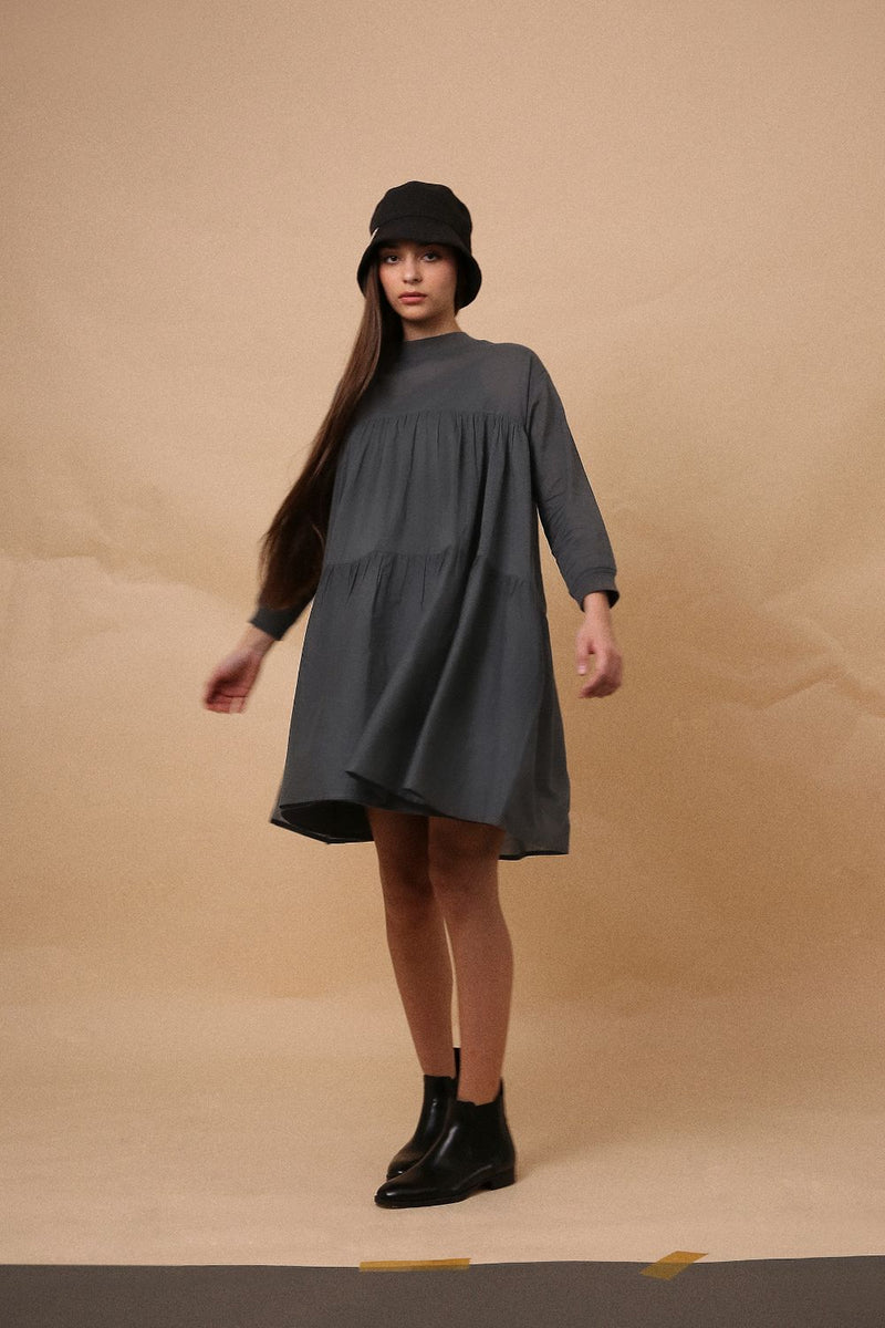 Ash Gray Mul Rib Vena Dress 100% cotton by Mati in grey color for women in Singapore