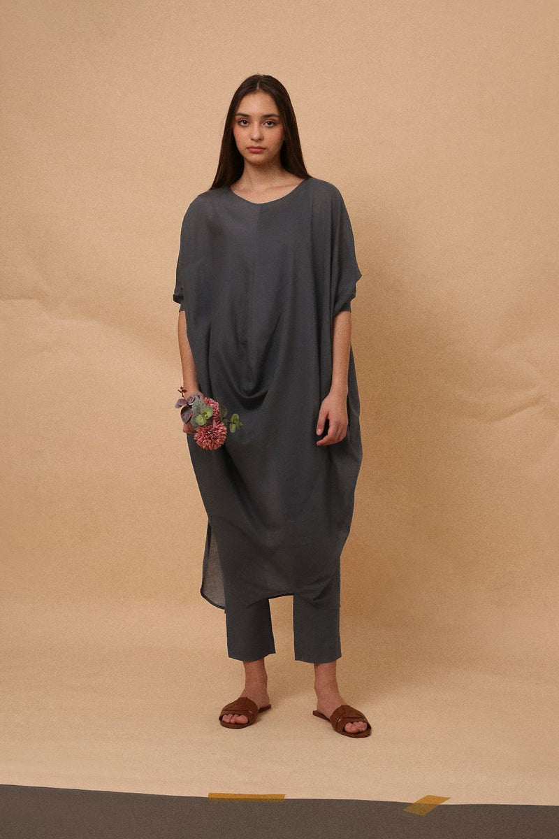Ash Gray Rib Mul Cowl Tunic Co-Ord Set (2 PCS) 100% cotton by Mati in grey color for women in Singapore