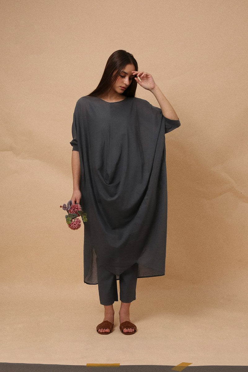 Ash Gray Rib Mul Cowl Tunic Co-Ord Set (2 PCS) 100% cotton by Mati in grey color for women in Singapore