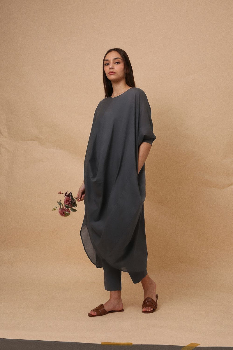 Ash Gray Rib Mul Cowl Tunic Co-Ord Set (2 PCS) 100% cotton by Mati in grey color for women in Singapore