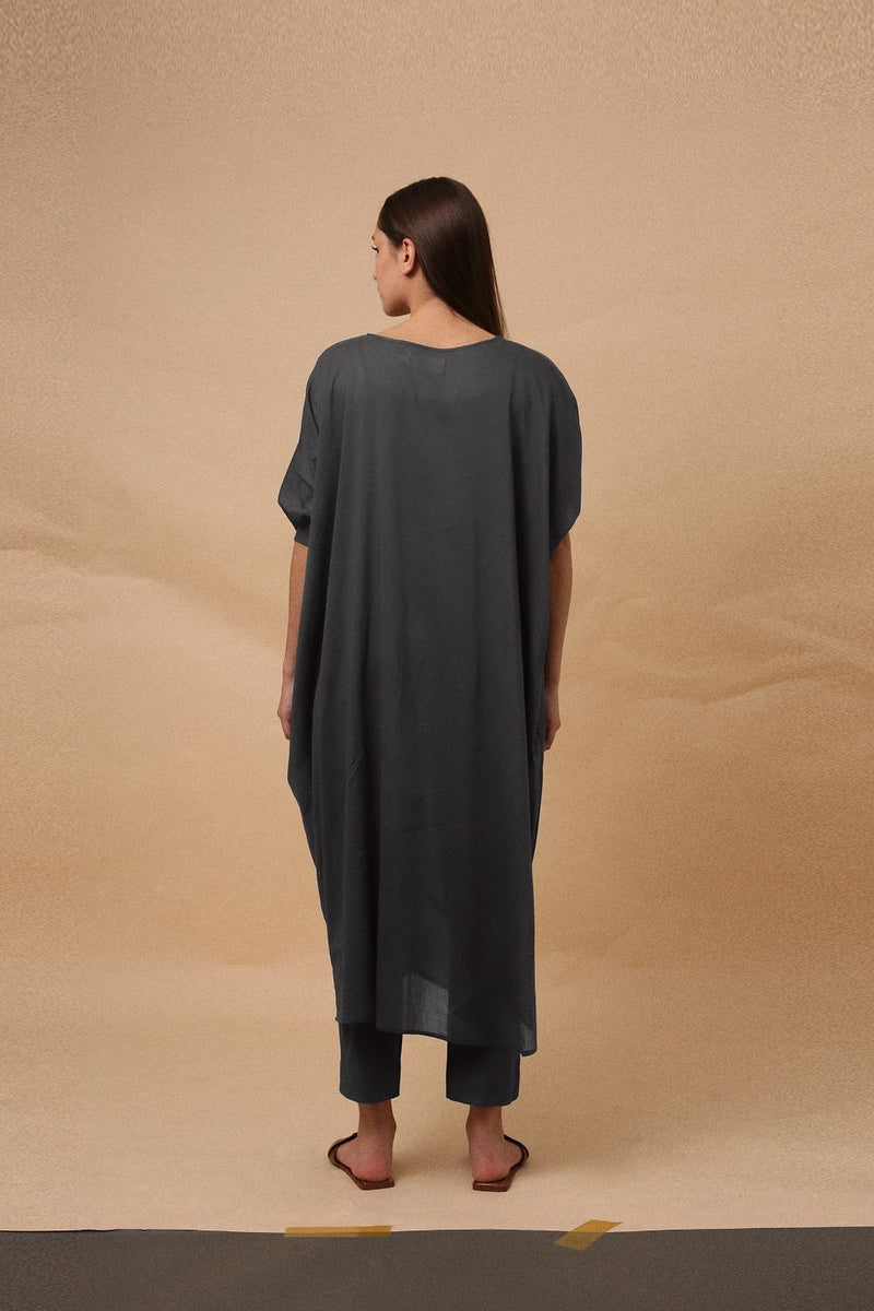 Ash Gray Rib Mul Cowl Tunic Co-Ord Set (2 PCS) 100% cotton by Mati in grey color for women in Singapore