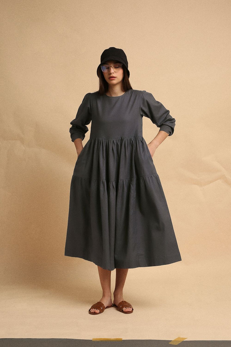 Ash Gray Rib Vasara Dress 100% cotton by Mati in grey color for women in Singapore