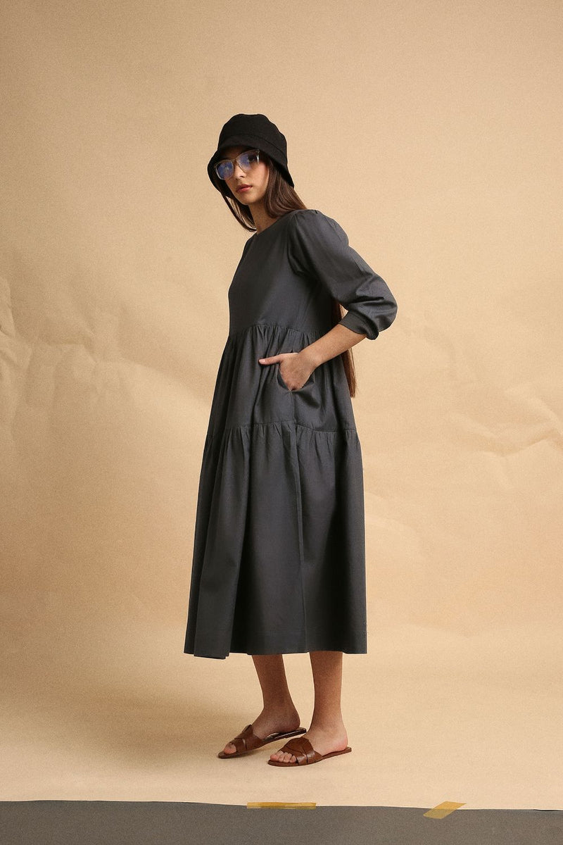 Ash Gray Rib Vasara Dress 100% cotton by Mati in grey color for women in Singapore