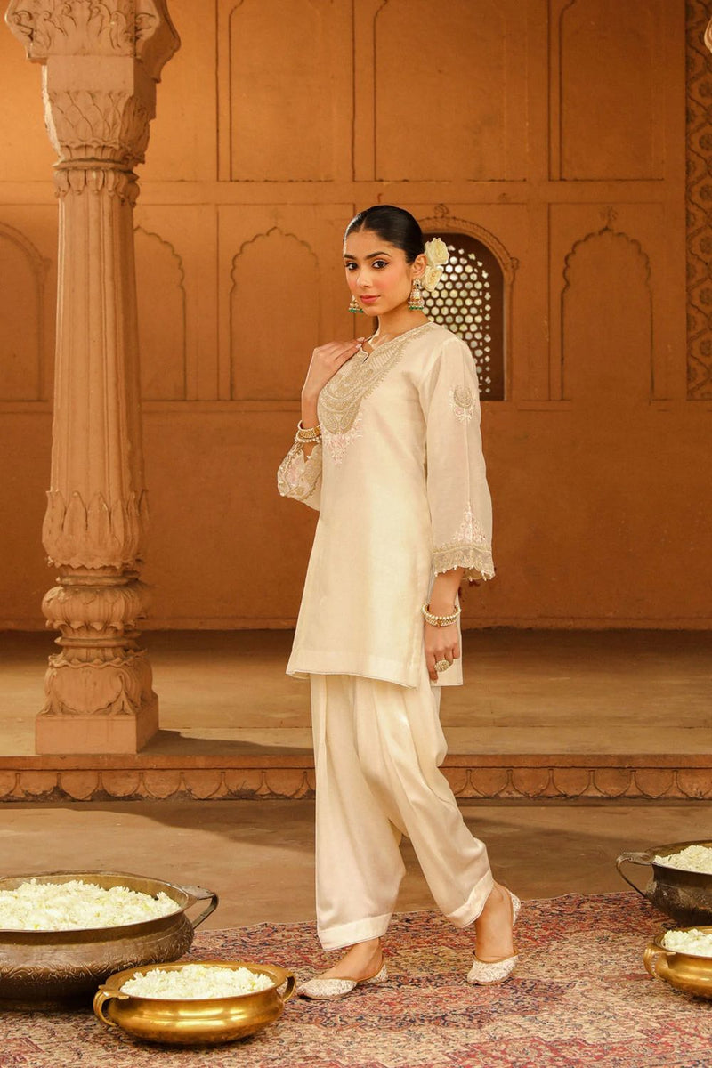 Ashira Short kurta with salwar-Daisy Ivory silk by SHEETAL BATRA in ivory color for women in Singapore