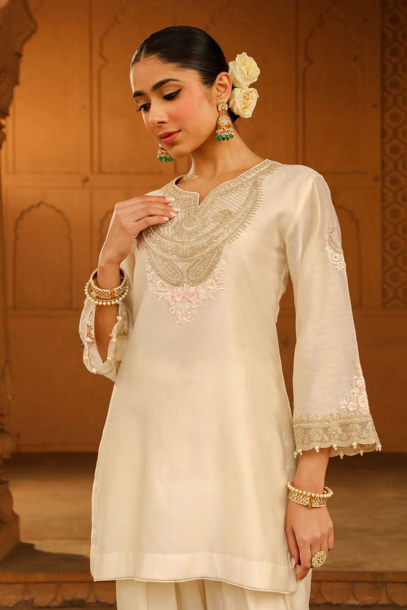 Ashira Short kurta with salwar-Daisy Ivory silk by SHEETAL BATRA in ivory color for women in Singapore